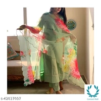 Stittched Cotton Silk Kurti Set With Flora Print Dupatta - XL, Light Green