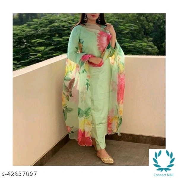 Stittched Cotton Silk Kurti Set With Flora Print Dupatta - XXL, Light Green