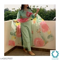 Stittched Cotton Silk Kurti Set With Flora Print Dupatta - XXL, Light Green