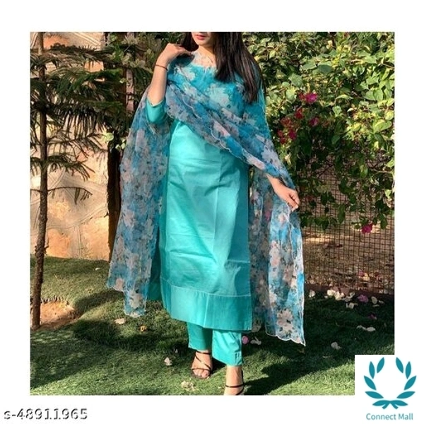 Stittched Cotton Silk Kurti Set With Flora Print Dupatta - XL, Light Blue