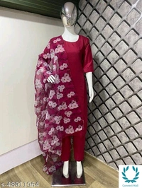 Stittched Cotton Silk Kurti Set With Flora Print Dupatta - XL, Maroon