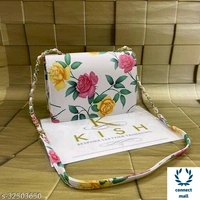 KISH White Colourful Floral Printed 2 Compartments Leather Sling Bag - Pink & Green, Faux Leather , 1, Rectangle Box Shape