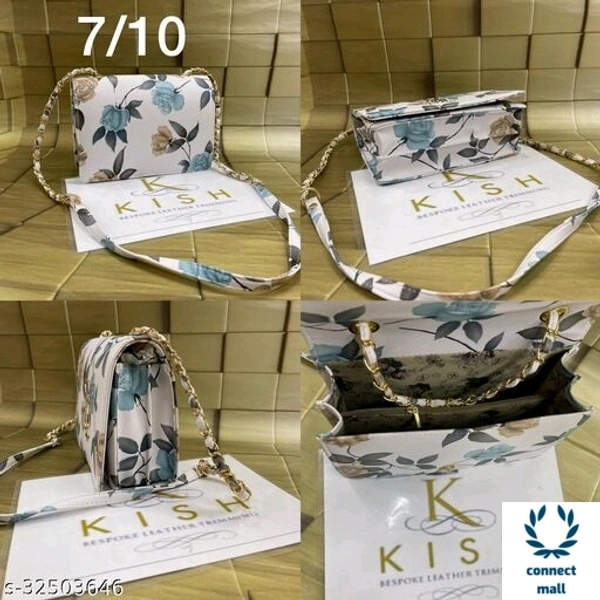 KISH White Colourful Floral Printed 2 Compartments Leather Sling Bag - Gray & Brown