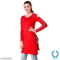 Stylish Navy Plan Straight Kurti For Girls - M, Red, Cotton Blend, Pack of1