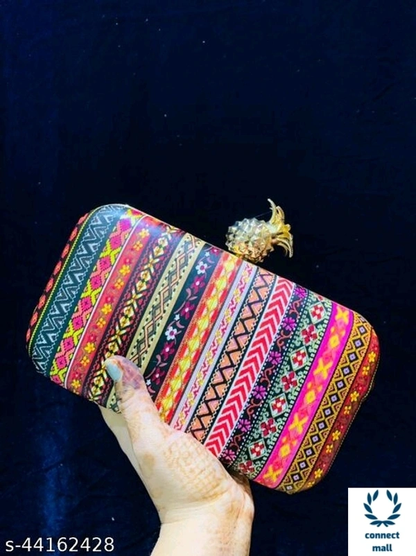 SHIVA CREATION Fabric Printed Single Compartments Pineapple Style Button Cluches For Women - Multicolor