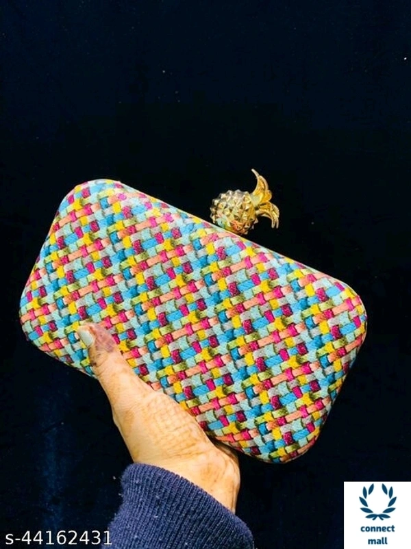 SHIVA CREATION Fabric Printed Single Compartments Pineapple Style Button Cluches For Women - Multicolor