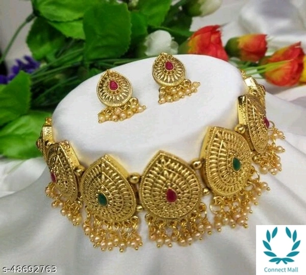 Shimmering Multicolor Stone Gold Plated Choker Jwellery Set - Alloy, Neckace, Multipack 1