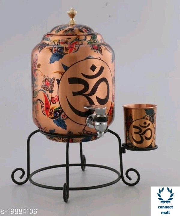 Copper Art Printed Copper water dispenser (Matka/Pot) Container Pot Water Tank 5000 ML with 1 copper glass and Stand for Home< - Copper Printed