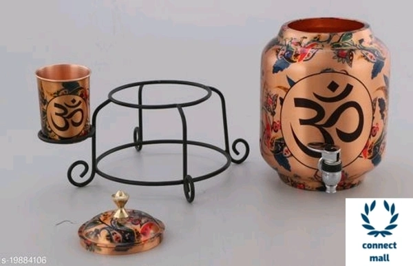 Copper Art Printed Copper water dispenser (Matka/Pot) Container Pot Water Tank 5000 ML with 1 copper glass and Stand for Home< - Copper Printed