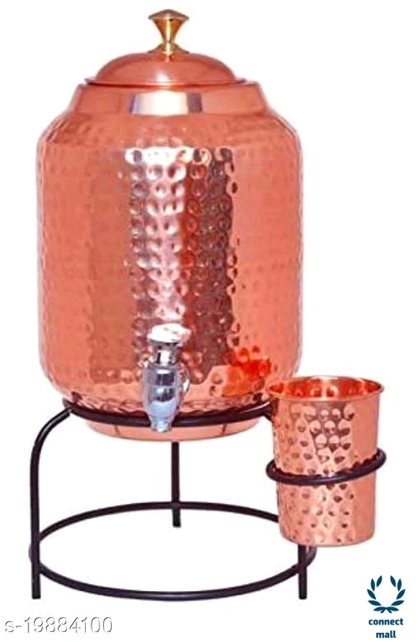 Copper Art Printed Copper water dispenser (Matka/Pot) Container Pot Water Tank 5000 ML with 1 copper glass and Stand for Home< - Plain Copper