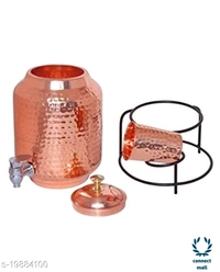 Copper Art Printed Copper water dispenser (Matka/Pot) Container Pot Water Tank 5000 ML with 1 copper glass and Stand for Home< - Plain Copper