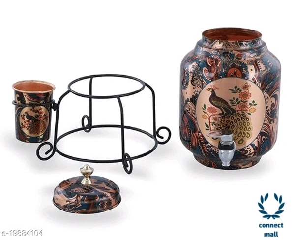 Copper Art Printed Copper water dispenser (Matka/Pot) Container Pot Water Tank 5000 ML with 1 copper glass and Stand for Home< - Peacock Printed