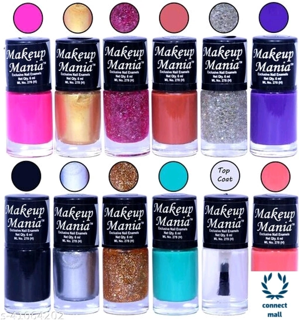 Makeup Mania Nail Polish Set of 12 pcs, Nail Paint of 6 ml × 12 pcs, Multicolour Combo Set No.105 - Set of 12 Pieces, set 150
