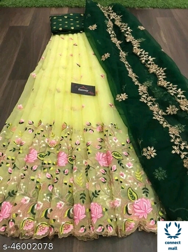 PATTARI HEAVY BANGLORY SILK WITH MULTY THRED WORK ALLOVER LAHENGHA SEMI-STICHED - (Waist Size ×Lahenga)×43 inch, Light Yellow &Green, Silk