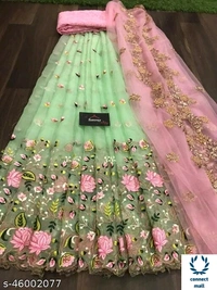 HEAVY BANGLORY SILK WITH MULTY THRED WORK ALLOVER LAHENGHA - Waist Size 44 inch Lahenga×43 inch, Pink, Silk