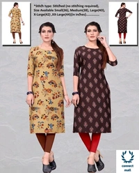 Crepe Three Quarter Sleeves Printed Straight Aline Readymade Kurtis For Women Pack of 2 - Green & Blue, XL, S