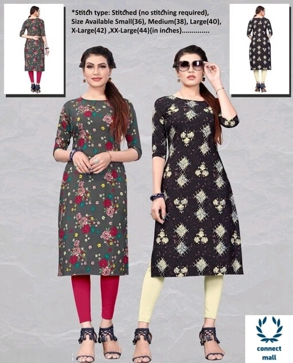 Crepe Three Quarter Sleeves Printed Straight Aline Readymade Kurtis For Women Pack of 2 - Green & Blue, XL, S