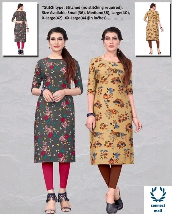 Crepe Three Quarter Sleeves Printed Straight Aline Readymade Kurtis For Women Pack of 2 - Green & Blue, XL, S