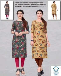 Crepe Three Quarter Sleeves Printed Straight Aline Readymade Kurtis For Women Pack of 2 - Green & Blue, XL, S