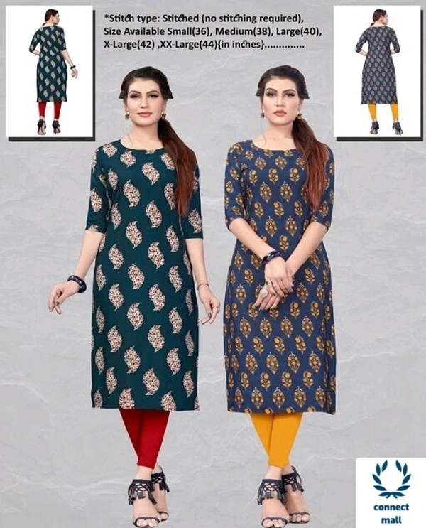 Crepe Three Quarter Sleeves Printed Straight Aline Readymade Kurtis For Women Pack of 2 - Green & Blue, Orange & Green