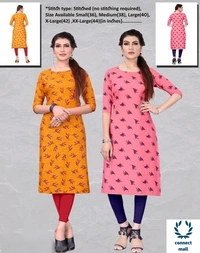 Crepe Three Quarter Sleeves Printed Straight Aline Readymade Kurtis For Women Pack of 2 - Green & Blue, Orange & Green