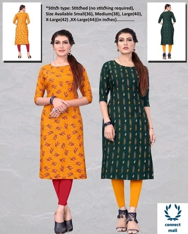 Crepe Three Quarter Sleeves Printed Straight Aline Readymade Kurtis For Women Pack of 2 - Orange & Green, XXL, S