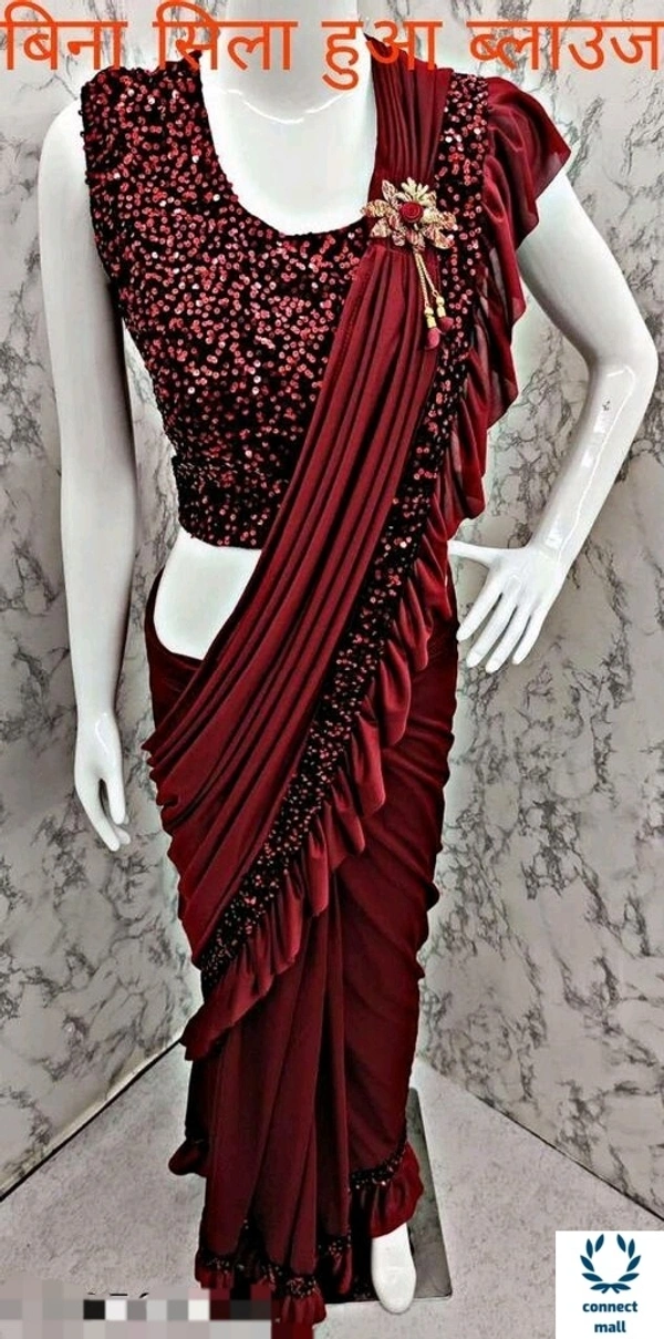 MYRA VOGUISH Lycra Saree with Velvet Embroidery Blouse Piece - Marroon