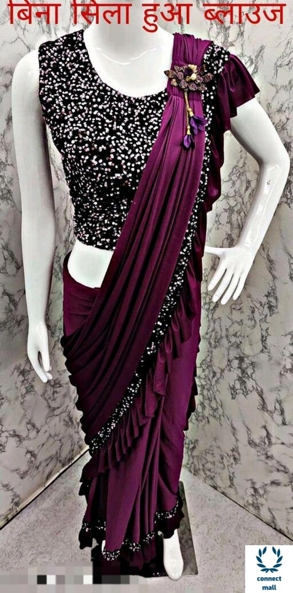 MYRA VOGUISH Lycra Saree with Velvet Embroidery Blouse Piece - Marroon