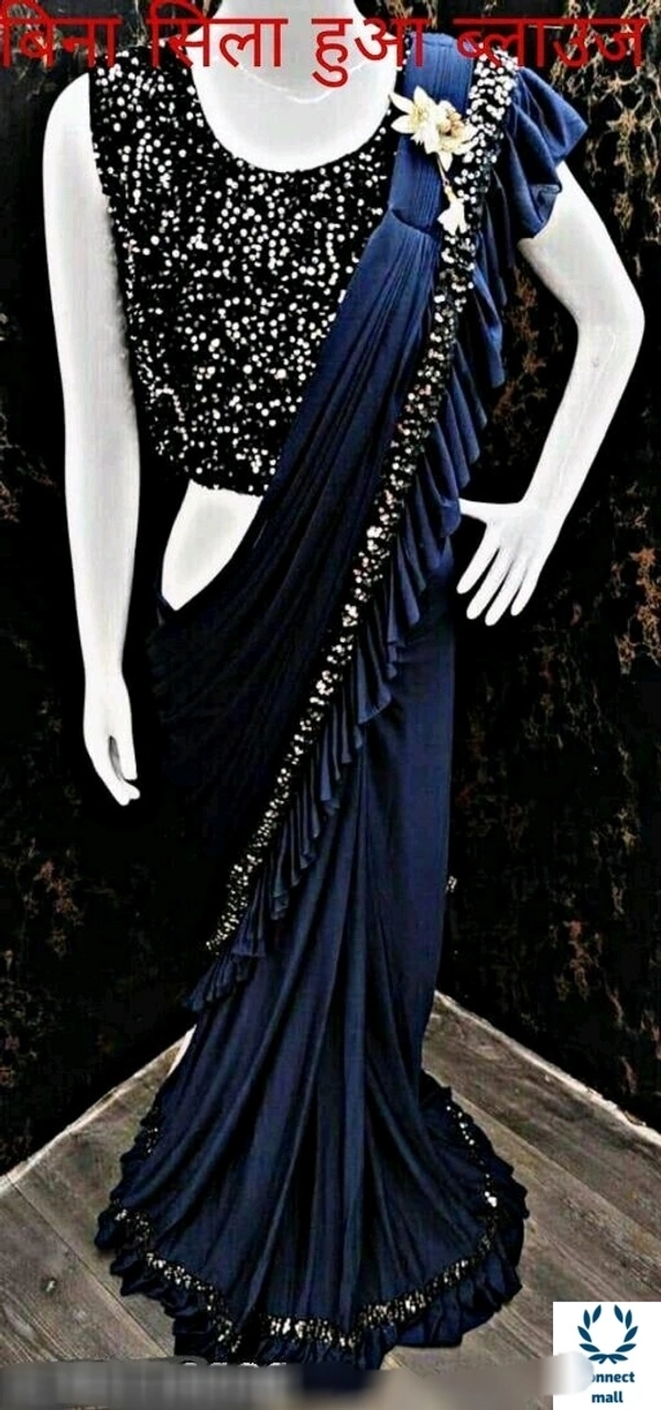MYRA VOGUISH Lycra Saree with Velvet Embroidery Blouse Piece - Dark Blue