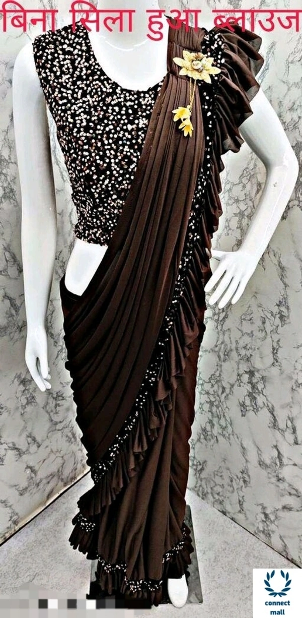 MYRA VOGUISH Lycra Saree with Velvet Embroidery Blouse Piece - Brown