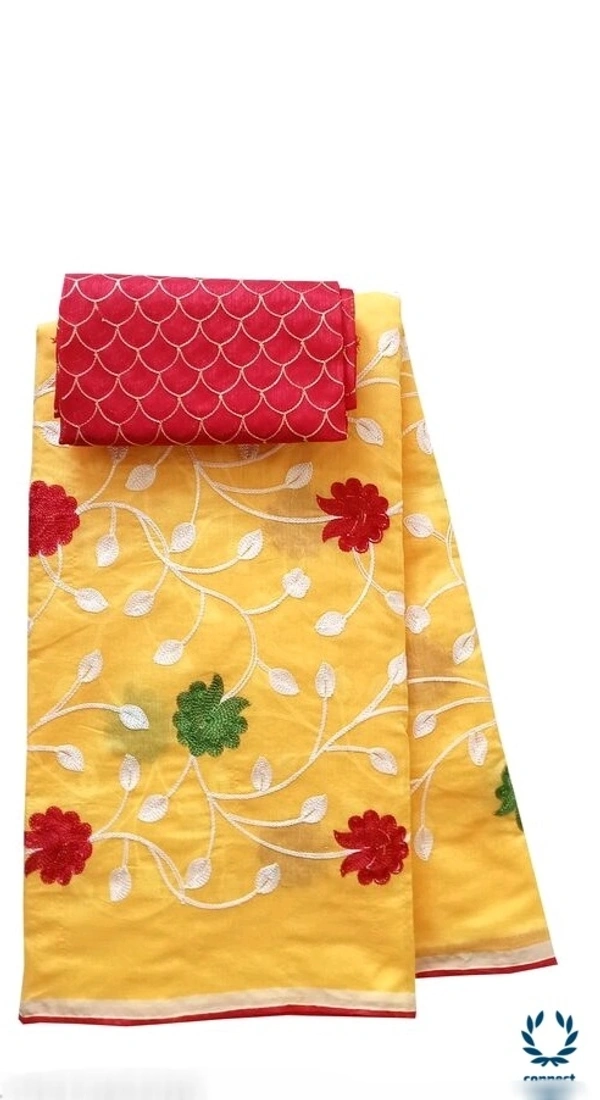 TRIPZIRA Chanderi Cotton Embrodiery Full Length 6m Long Saree with Satin silk Blouse Material - Blue, Chanderi Cotton Silk