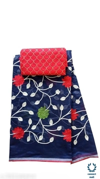 TRIPZIRA Chanderi Cotton Embrodiery Full Length 6m Long Saree with Satin silk Blouse Material - Blue, Chanderi Cotton Silk