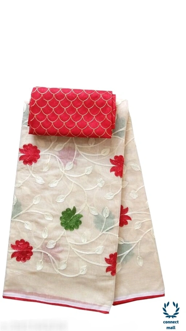 TRIPZIRA Chanderi Cotton Embrodiery Full Length 6m Long Saree with Satin silk Blouse Material - Chanderi Cotton Silk , Light Yellow