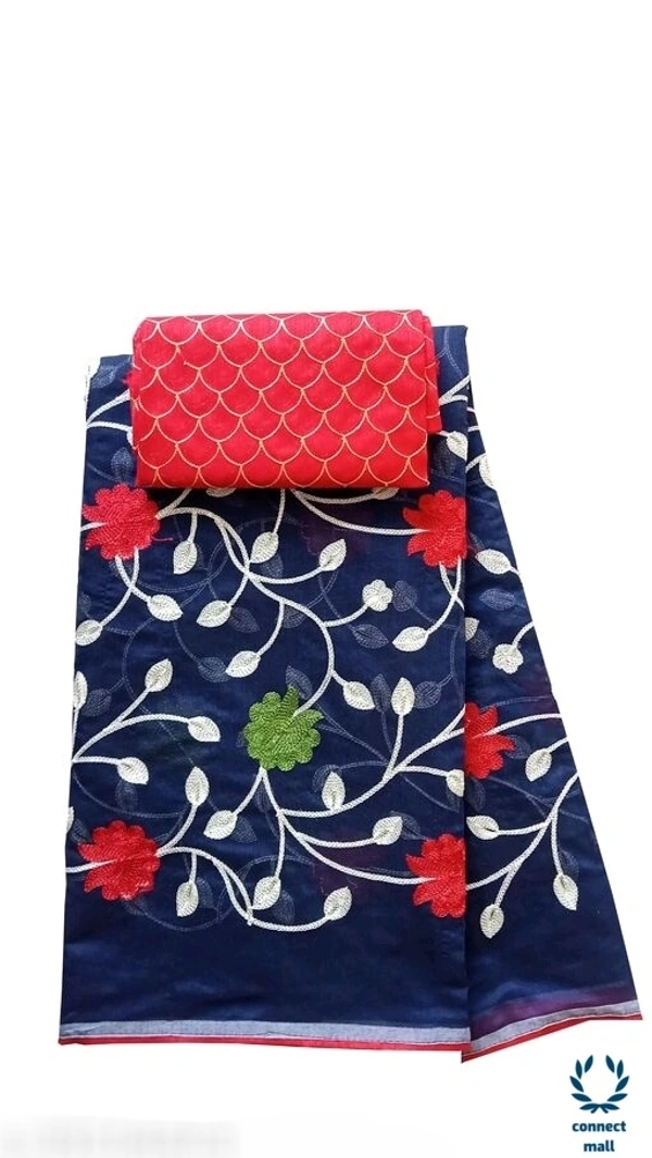 TRIPZIRA Chanderi Cotton Embrodiery Full Length 6m Long Saree with Satin silk Blouse Material - Blue, Chanderi Cotton Silk