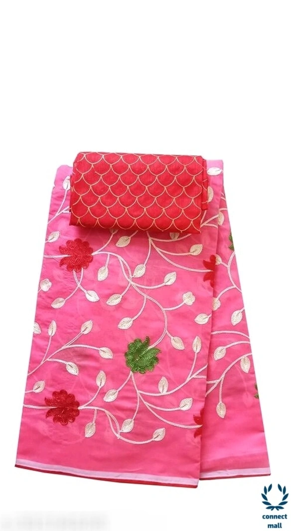 TRIPZIRA Chanderi Cotton Embrodiery Full Length 6m Long Saree with Satin silk Blouse Material - Pink, Chanderi Cotton Silk