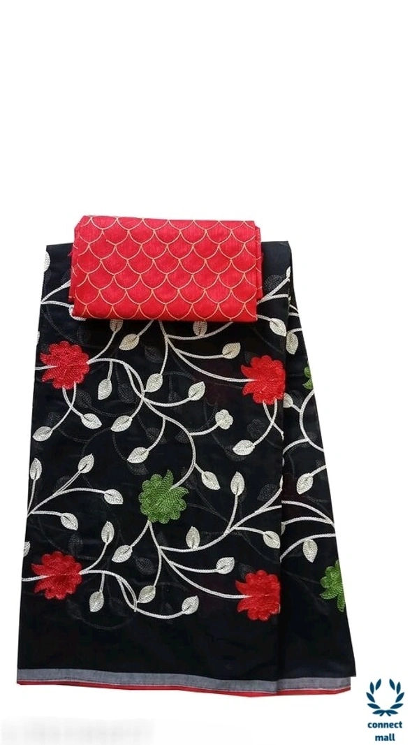 TRIPZIRA Chanderi Cotton Embrodiery Full Length 6m Long Saree with Satin silk Blouse Material - Chanderi Cotton Silk, Creme