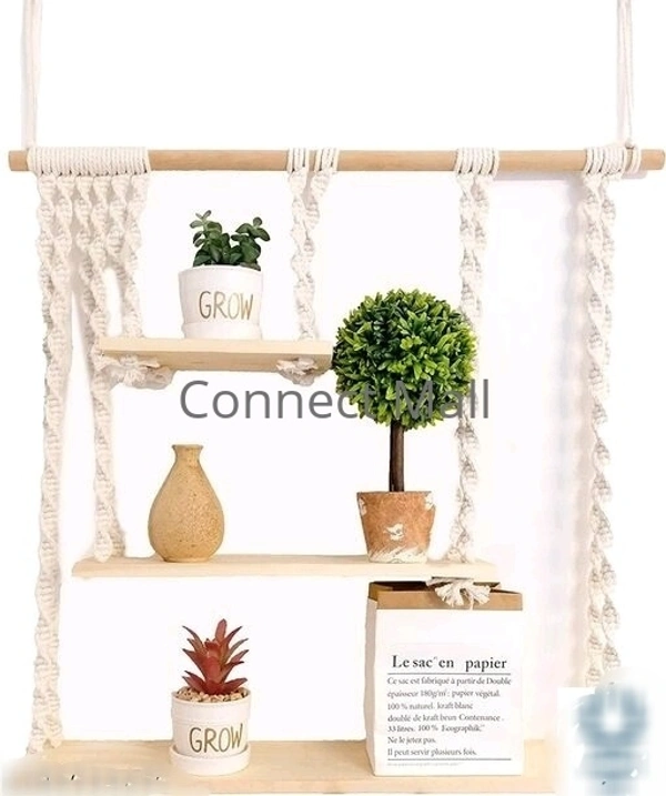 Top Knott Macrame thread Cotton Wall Hanging With 3 Triple Plant Wooden Wall decor Self Hanger For Living Room / Garden/Balcony/Office off White Colour