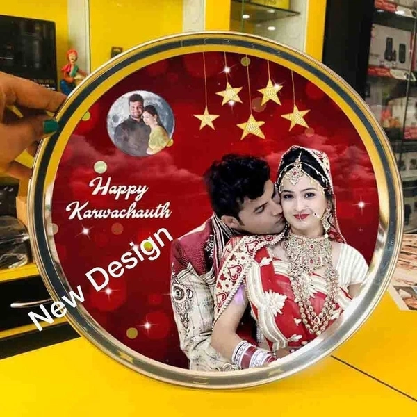 Personalized Karwachauth Beautiful Couple Printed Karwa chauth Thali Set with Channi Lotta and Glass - Red, Steel