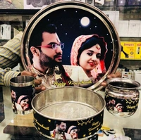 Personalized Karwachauth Beautiful Couple Printed Karwa chauth Thali Set with Channi Lotta and Glass - Red, Steel