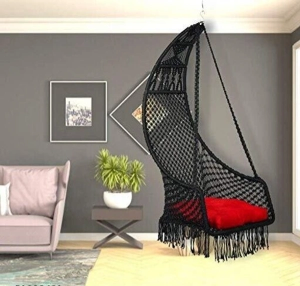 Curio Centre Make in India Leisure Half Moon Shape Nylon Swing with Cushion/Hammock Swing Chair-Iron Frame, Swing for Indoor/Outdoor/Nylon Rope Swing/Free Hanging Accessories(36 x 27 x 53 In, OFF WHITE) - Black, Nylon