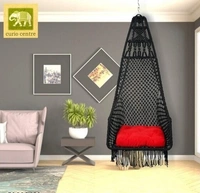 Curio Centre Make in India Leisure Half Moon Shape Nylon Swing with Cushion/Hammock Swing Chair-Iron Frame, Swing for Indoor/Outdoor/Nylon Rope Swing/Free Hanging Accessories(36 x 27 x 53 In, OFF WHITE) - Black, Nylon