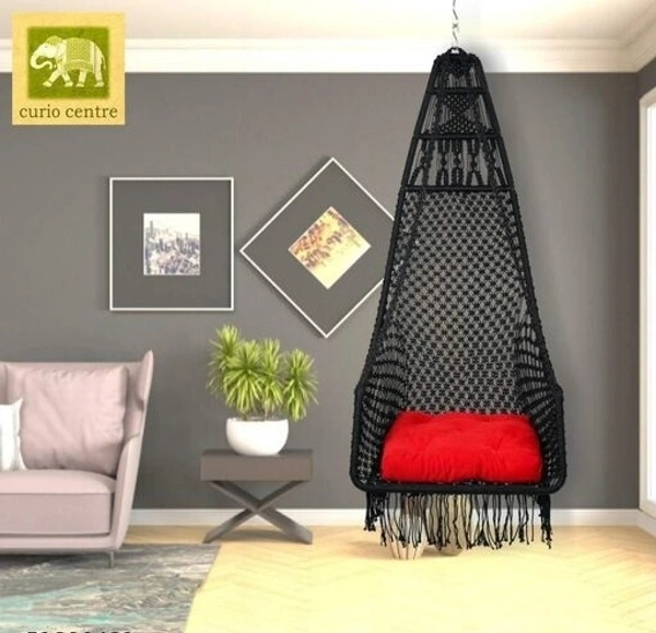 Curio Centre Make in India Leisure Half Moon Shape Nylon Swing with Cushion/Hammock Swing Chair-Iron Frame, Swing for Indoor/Outdoor/Nylon Rope Swing/Free Hanging Accessories(36 x 27 x 53 In, OFF WHITE) - Black, Nylon