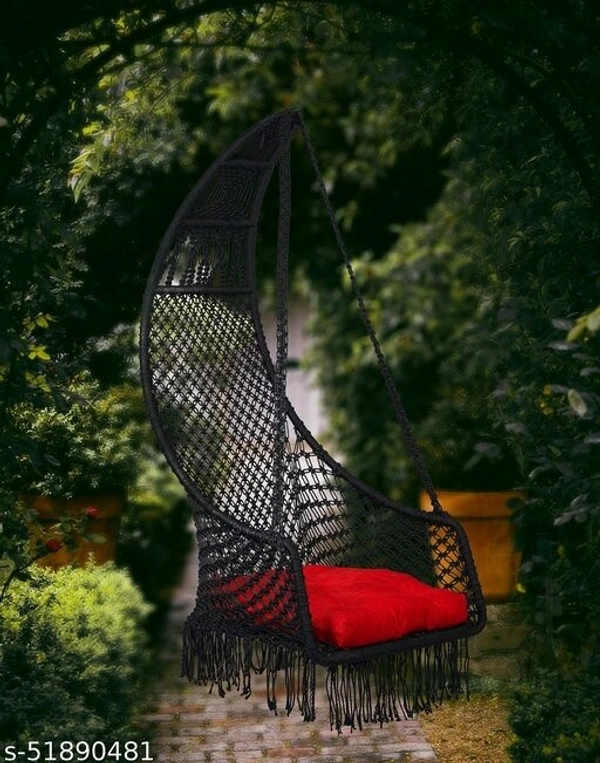 Curio Centre Make in India Leisure Half Moon Shape Nylon Swing with Cushion/Hammock Swing Chair-Iron Frame, Swing for Indoor/Outdoor/Nylon Rope Swing/Free Hanging Accessories(36 x 27 x 53 In, OFF WHITE) - Black, Nylon