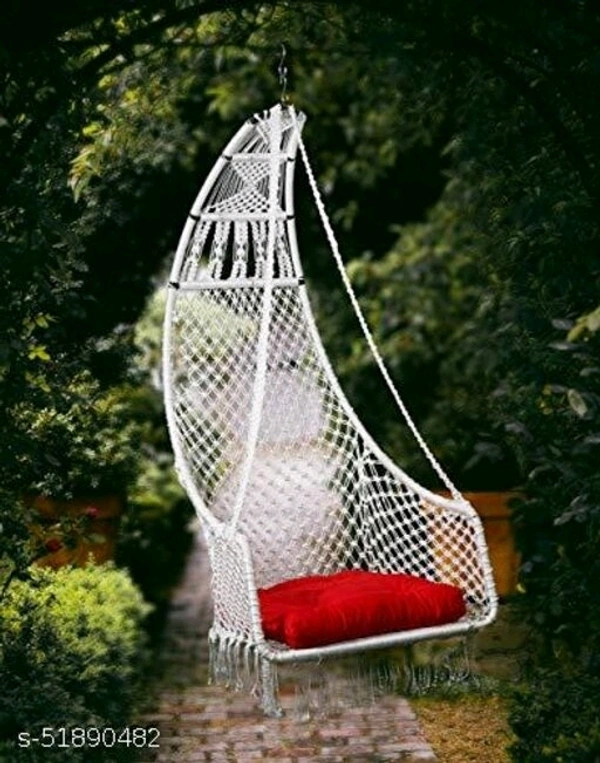 Curio Centre Make in India Leisure Half Moon Shape Nylon Swing with Cushion/Hammock Swing Chair-Iron Frame, Swing for Indoor/Outdoor/Nylon Rope Swing/Free Hanging Accessories(36 x 27 x 53 In, OFF WHITE) - Off White, Nylon