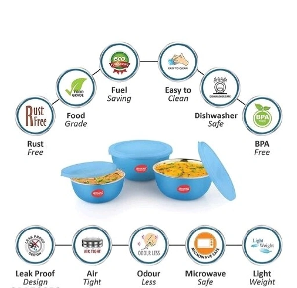 JENSONS Microwave Safe BLUE Stainless Steel Bowl Set of 3 Large 1300ml, Medium 800 ml , Small 600ml For storage/ Serving Food - Blue, Stainless Steel