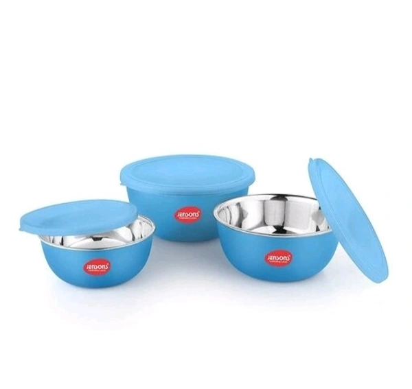 JENSONS Microwave Safe BLUE Stainless Steel Bowl Set of 3 Large 1300ml, Medium 800 ml , Small 600ml For storage/ Serving Food - Blue, Stainless Steel
