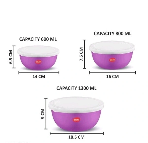 JENSONS Microwave Safe BLUE Stainless Steel Bowl Set of 3 Large 1300ml, Medium 800 ml , Small 600ml For storage/ Serving Food - Blue, Stainless Steel