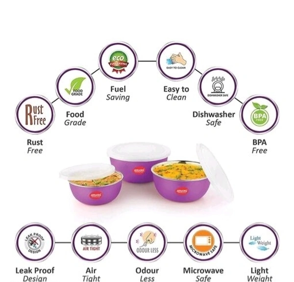 JENSONS Microwave Safe BLUE Stainless Steel Bowl Set of 3 Large 1300ml, Medium 800 ml , Small 600ml For storage/ Serving Food - Blue, Stainless Steel