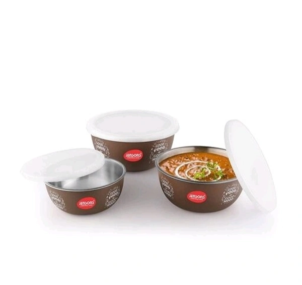 JENSONS Microwave Safe Printed Stainless Steel Bowl Set of 3 Large 1300ml, Medium 800 ml , Small 600ml For storage/ Serving Food - Choclate Colour