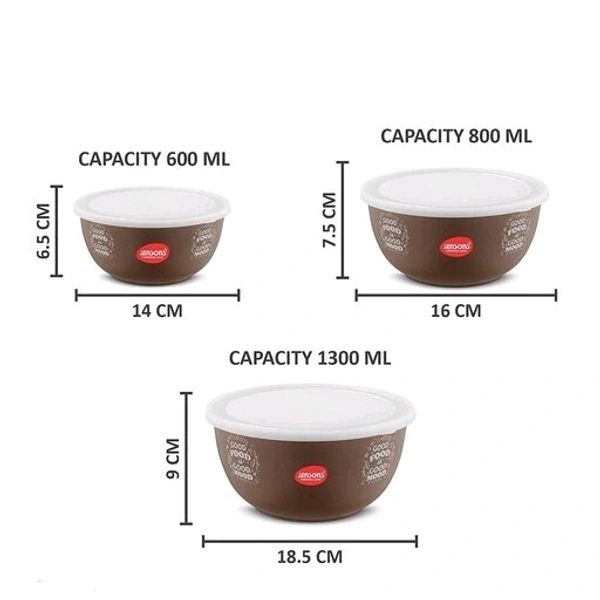 JENSONS Microwave Safe Printed Stainless Steel Bowl Set of 3 Large 1300ml, Medium 800 ml , Small 600ml For storage/ Serving Food - Choclate Colour